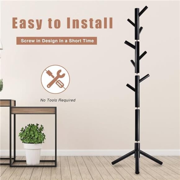 Wooden Coat Rack, Free Standing Coat Rack with 8 Hooks 3 Adjustable Heights - Picture 6 of 7